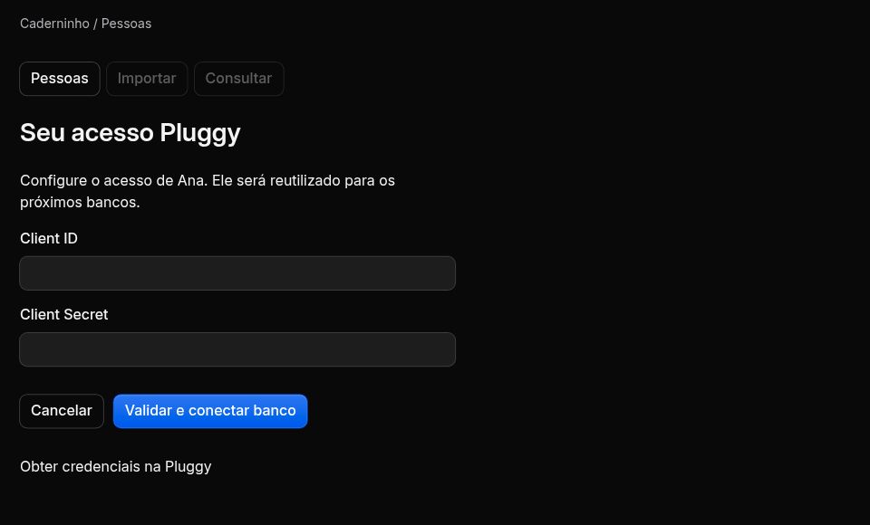 Tela Seu acesso Pluggy no Caderninho, com campos vazios Client ID e Client Secret e botão Validar e conectar banco.