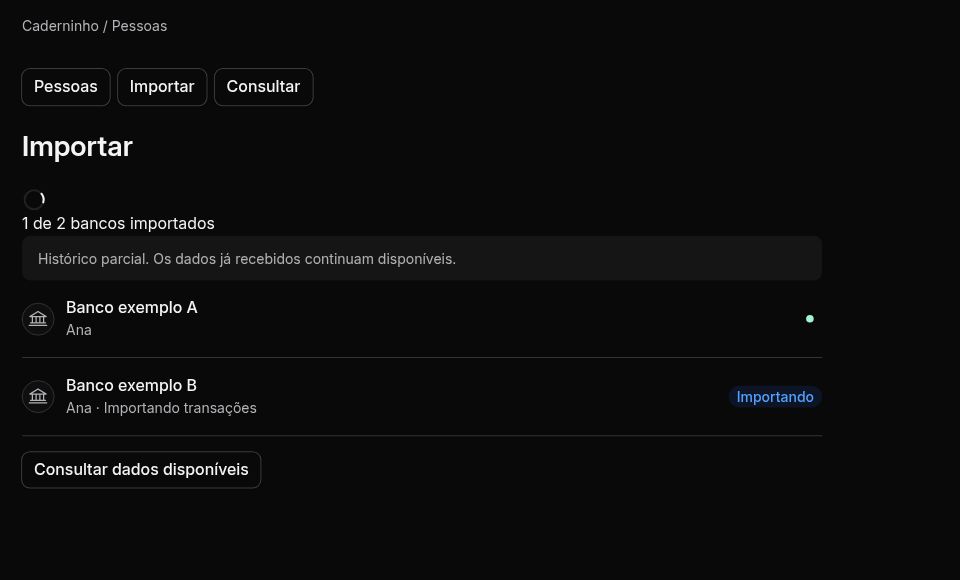 Importar no Caderninho com um banco de exemplo concluído, outro importando transações e aviso de histórico parcial.