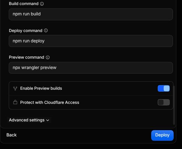 Campos Build command com npm run build e Deploy command com npm run deploy no formulário da Cloudflare.