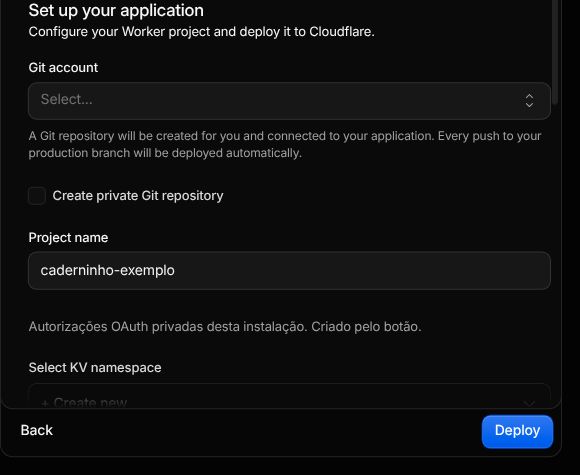 Formulário da Cloudflare com Git account, Project name e o nome de exemplo caderninho-exemplo.