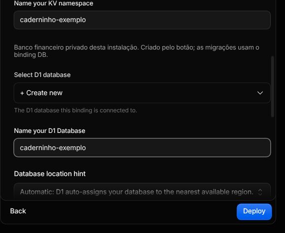 Seleção de D1 database com Create new e campo Name your D1 Database preenchido como caderninho-exemplo.